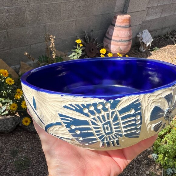 Blue and White Carved Floral Pottery Bowl Handmade - Picture 6 of 8